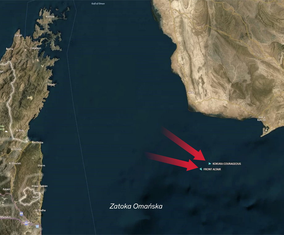 Lokalizacja dwóch zaatakowanych tankowców w Zatoce Omańskiej