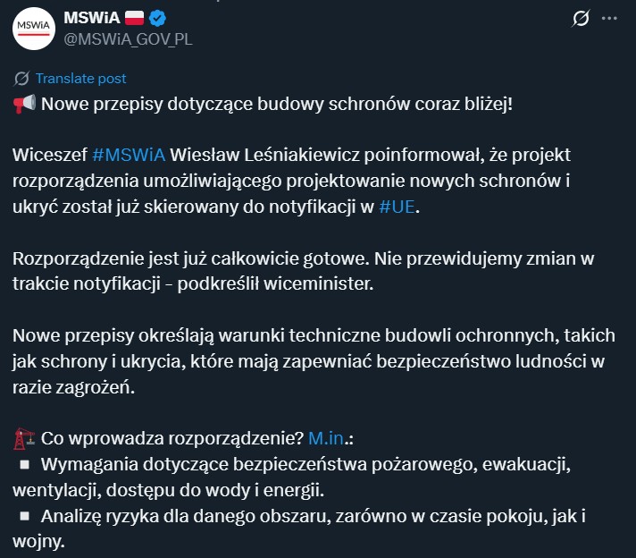 Komunikat MSWiA o schronach