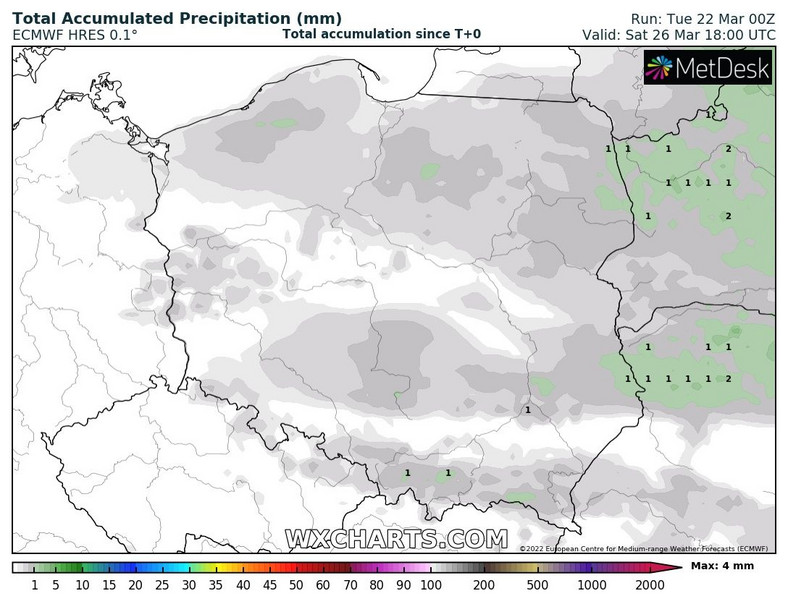Prognozowana suma opadów w Polsce do sobotniego wieczora