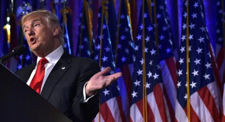 Donald Trump gives a speech during election night in New York on November 9, 2016