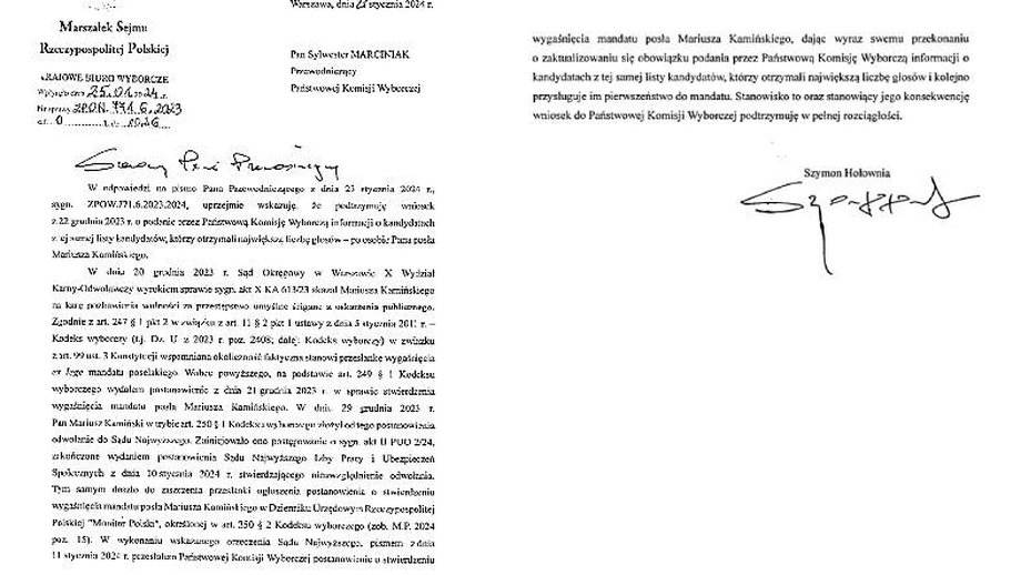 Pismo marszałka Sejmu w sprawie Mariusza Kamińskiego