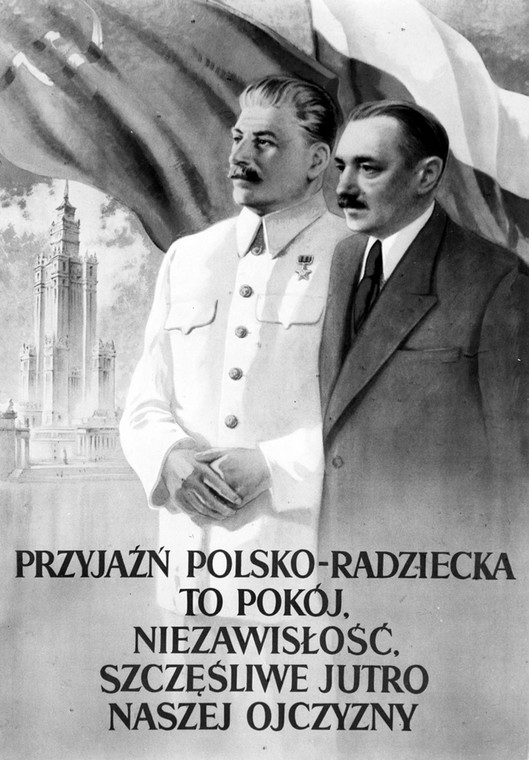 Plakat wydany z okazji Miesiąca Pogłębiania Przyjaźni Polsko-Radzieckiej. Na plakacie Józef Stalin i Bolesław Bierut