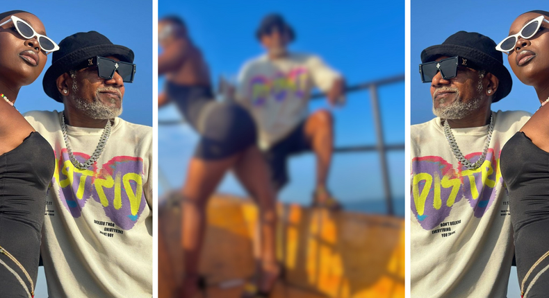 Awilo Longomba retires drink on Ritah Dancehall's backside on sailing excursion/Instagram