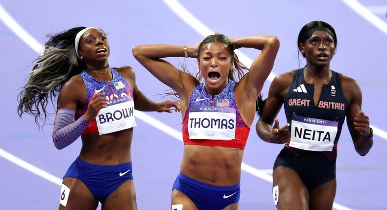 Gabrielle Thomas of Team USA, center, at the 2024 Paris Olympics.Steph Chambers/Getty Images