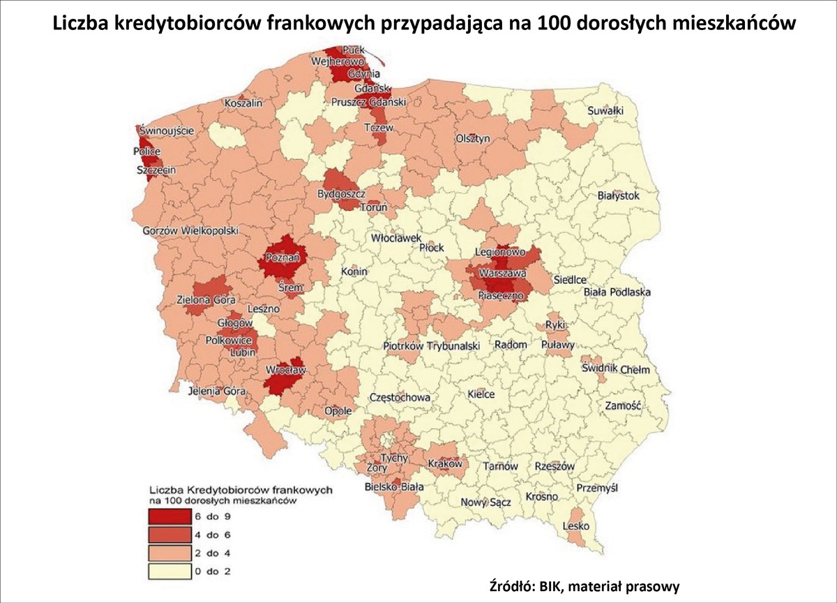 Liczba kredytobiorców frankowych przypadająca na 100 dorosłych mieszkańców