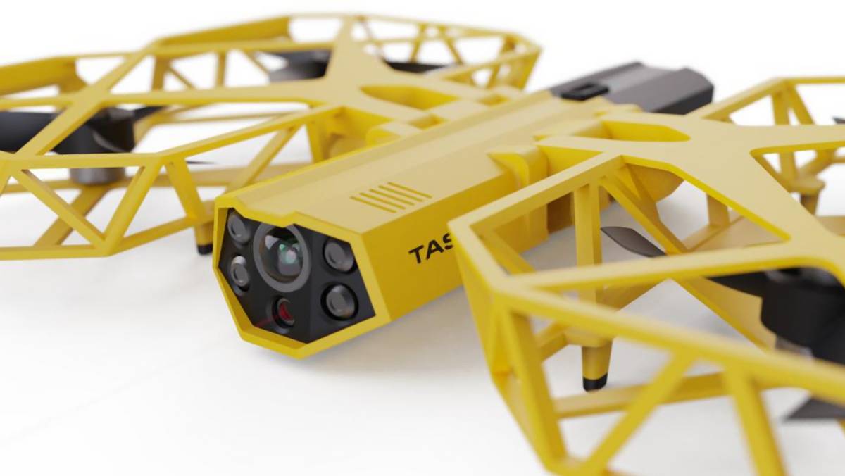 Grafika koncepcyjna prezentująca drona wyposażonego w paralizator 