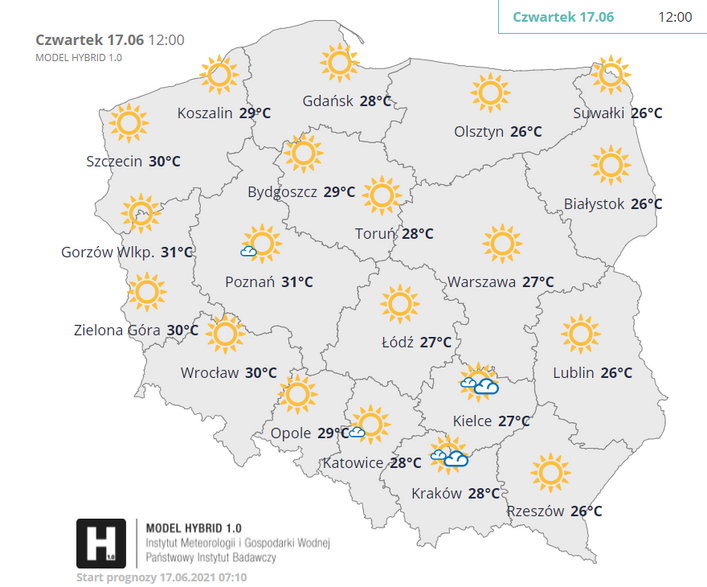 Prognoza pogody na czwartek, godz. 12:00 (IMGW)