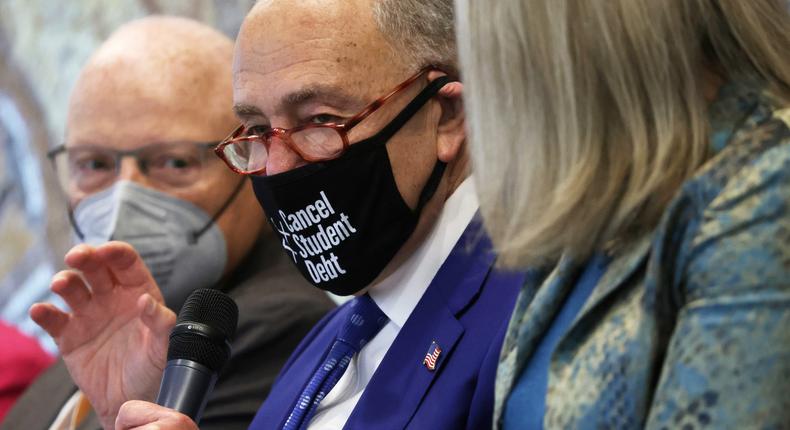 WASHINGTON, DC - JUNE 22: U.S. Senate Majority Leader Sen. Chuck Schumer (D-NY) speaks on student debt at the AFL-CIO on June 22, 2022 in Washington, DC. The AFL-CIO held an event to discuss the importance of student debt cancellation for American workers.