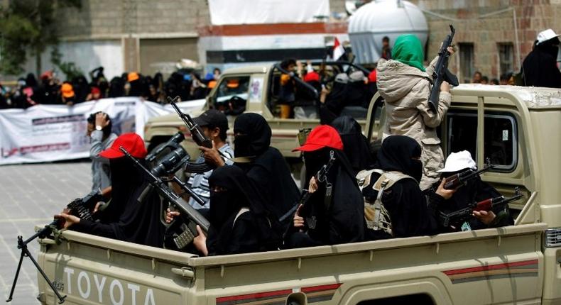 Yemeni female fighters supporting the Shiite Huthi rebels are seen September 6, 2016, whom the United States and Saudi Arabia have accused Iran of arming, though Tehran denies the claims