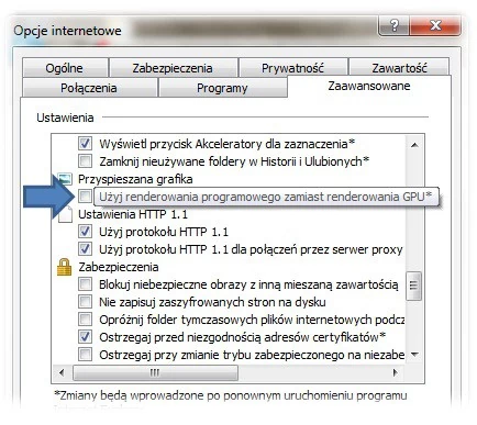 Na szczęście Microsoft przewidział opcję wyłączającą akcelerację sprzętową w Internet Explorer 9.