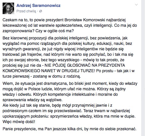 Andrzej Saramonowicz o wyborach, fot. screen z facebook