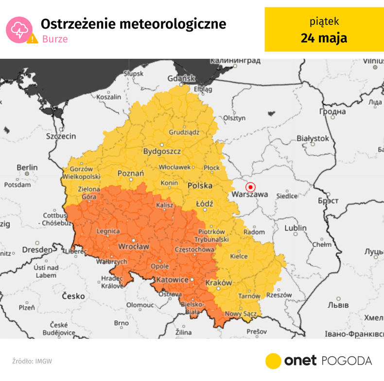 IMGW wystosował pomarańczowe alerty przed załamaniem pogody