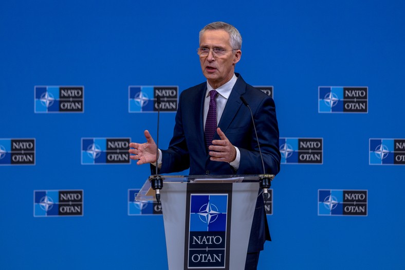 Sekretarz generalny NATO Jens Stoltenberg na konferencji prasowej w kwaterze głównej NATO, Bruksela,  15 lutego 2023 r.