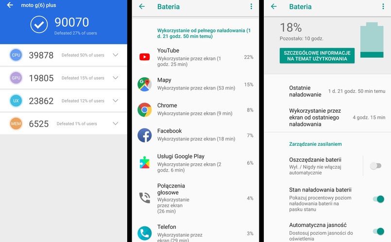 Motorola Moto G6 Plus - czas pracy na baterii, AnTuTu Benchmark