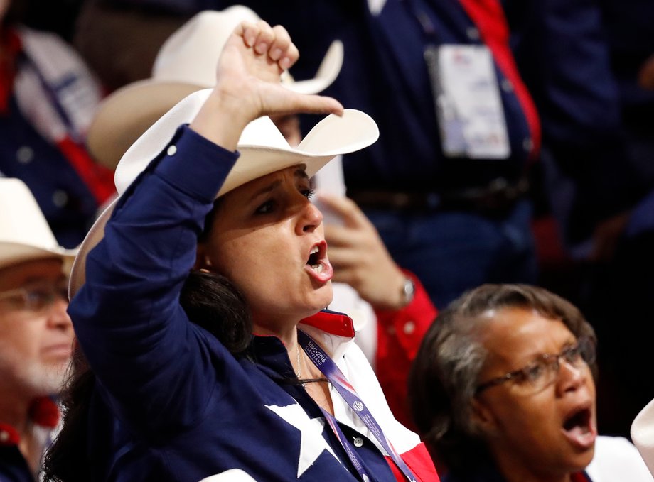 A Texas delegate yells after the temporary chairman of the Republican National Convention rejected the efforts of anti-Trump forces.