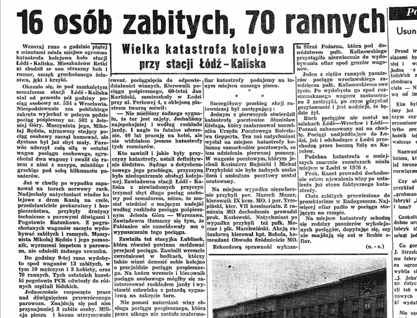 Informacja o katastrofie z 29 września 1946 roku w "Dzienniku Łódzkim"