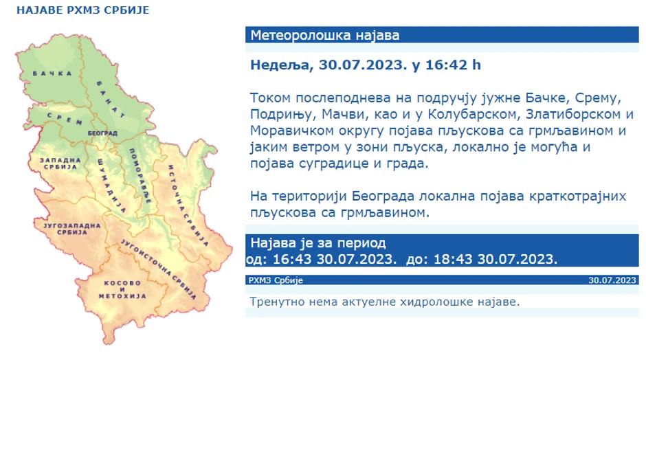 RHMZ upozorenje za Beograd