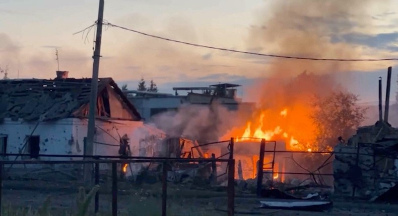 A view shows a building on fire in the town of Sudzha following an incursion of Ukrainian troops into the Kursk region, Russia, in this still image from video taken on Wednesday.MIC Izvestia / IZ.RU via REUTERS