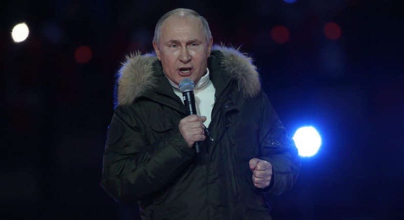 Russian President Vladimir Putin speaks during a concert marking the seventh anniversary of the Crimea annexation on March 18, 2021 in Moscow, Russia.