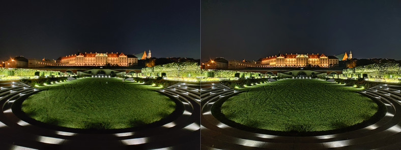 Zdjęcie wykonane modułem szerokokątnym nocą w trybie automatycznym (po lewej) oraz ten sam kadr przechwycony w trybie zdjęć nocnych (po prawej. Kliknij, aby powiększyć) 