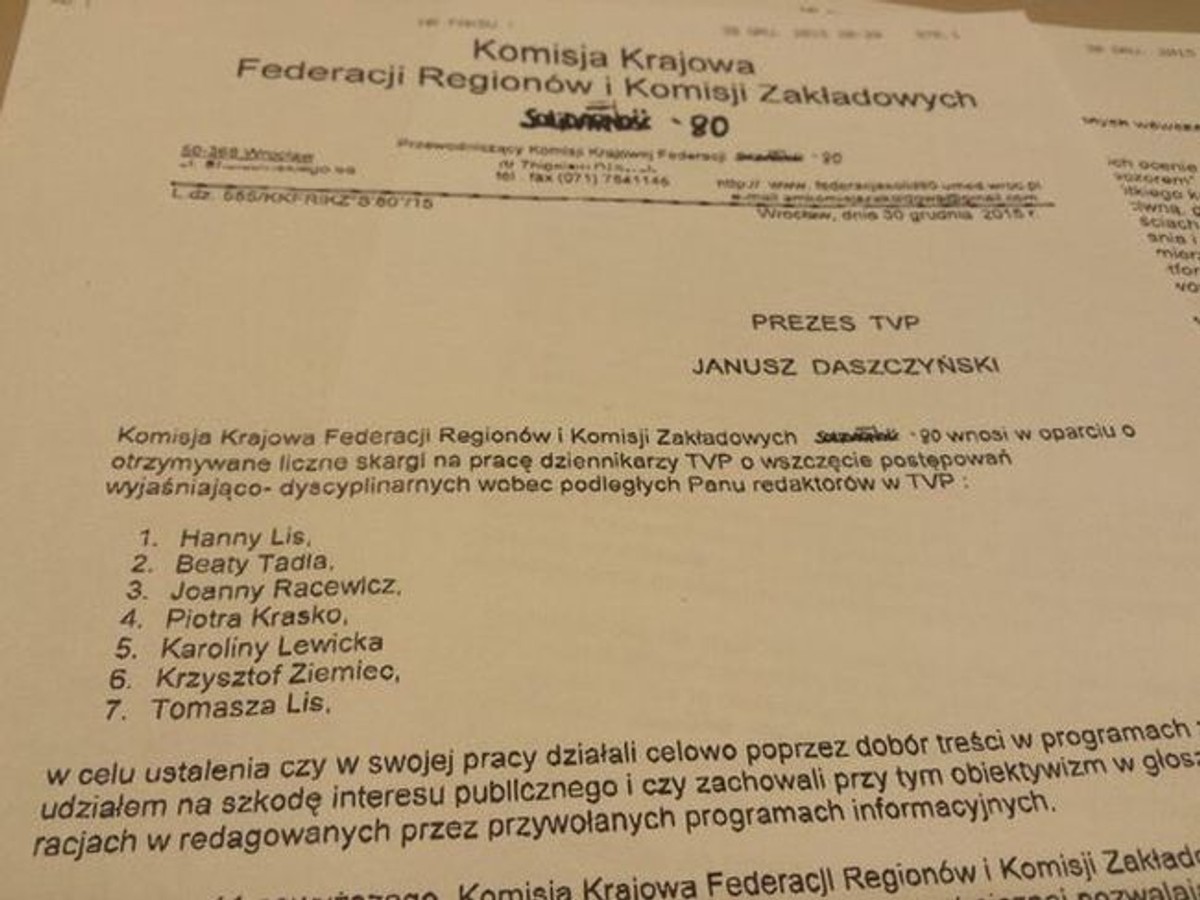 List Komisji Krajowej Federacji Regionów i Komisji Zakładowych Solidarność'80 