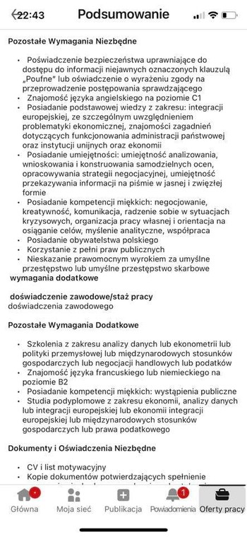 Ogłoszenie dot. pracy w Kancelarii Premiera na portalu LinkedIn