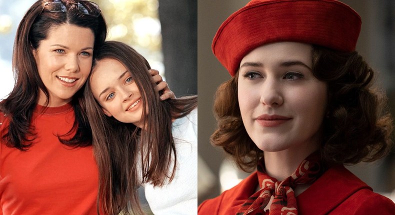 Lauren Graham as Lorelai Gilmore and Alexis Bledel as Rory Gilmore in Gilmore Girls, and Rachel Brosnahan as Miriam Maisel in The Marvelous Mrs. Maisel.Warner Bros./Amazon Prime Video