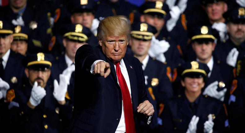 President Donald Trump at speech about his proposed effort against the street gang Mara Salvatrucha, or MS-13, to a gathering of federal, state, and local law-enforcement officials in Brentwood, New York, July 28, 2017.