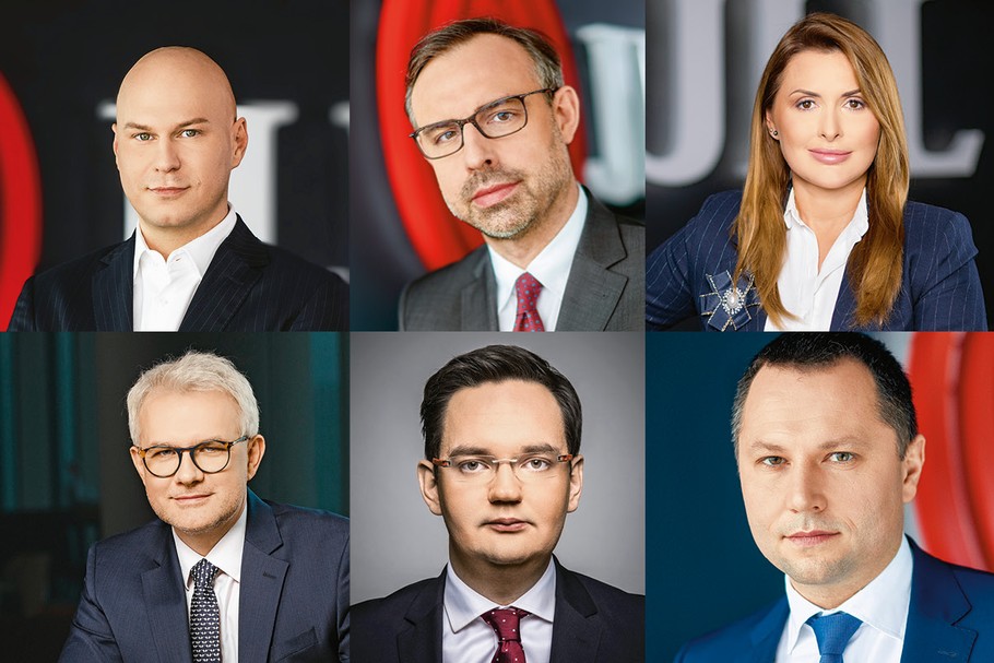 Od lewej u góry: Mateusz Gołembiewski, Head of HR, CEE, JLL; Paweł Sztejter, wiceprezes JLL Polska odpowiedzialny za dział nieruchomości mieszkaniowych; Kinga Piotrowicz, Head of Portfolio Operations Services JLL; Mateusz Bonca, prezes polskiego oddziału JLL; Piotr Wetmański, COO w JLL Polska; Tomasz Czuba, Head of Office Leasing and Tenant Representation JLL.