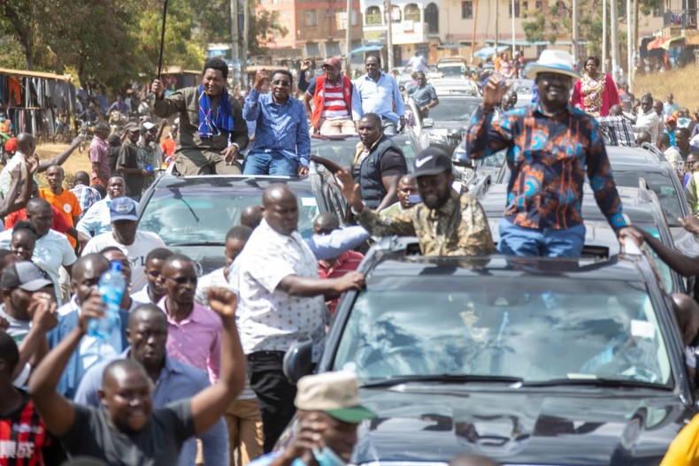 Raila Odinga and other Azimio la Umoja leaders during a rally in Kisumu