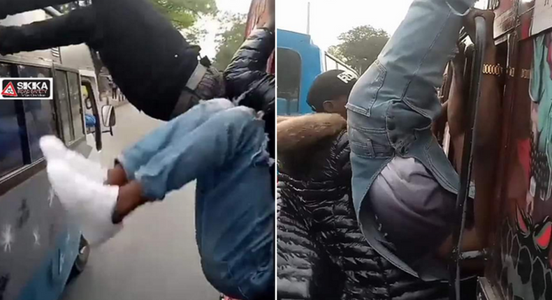 Two touts captured performing dangerous acrobatic stunts in speeding matatu