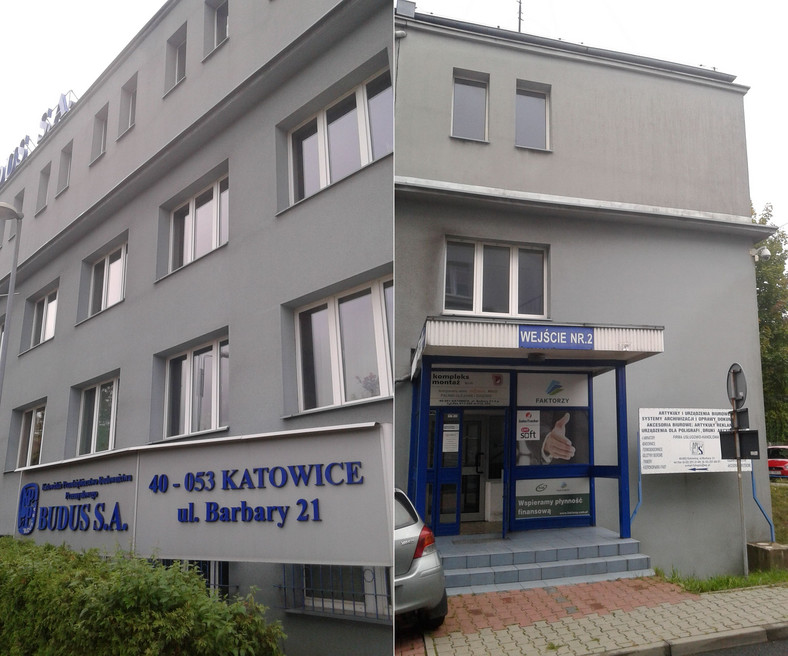 Biurowiec Budus przy ul. Barbary w Katowicach; boczne wejście do siedziby firmy