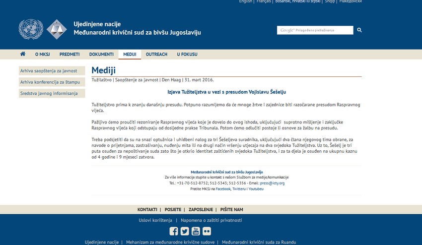 Obrazloženje presude Haškog tribunala