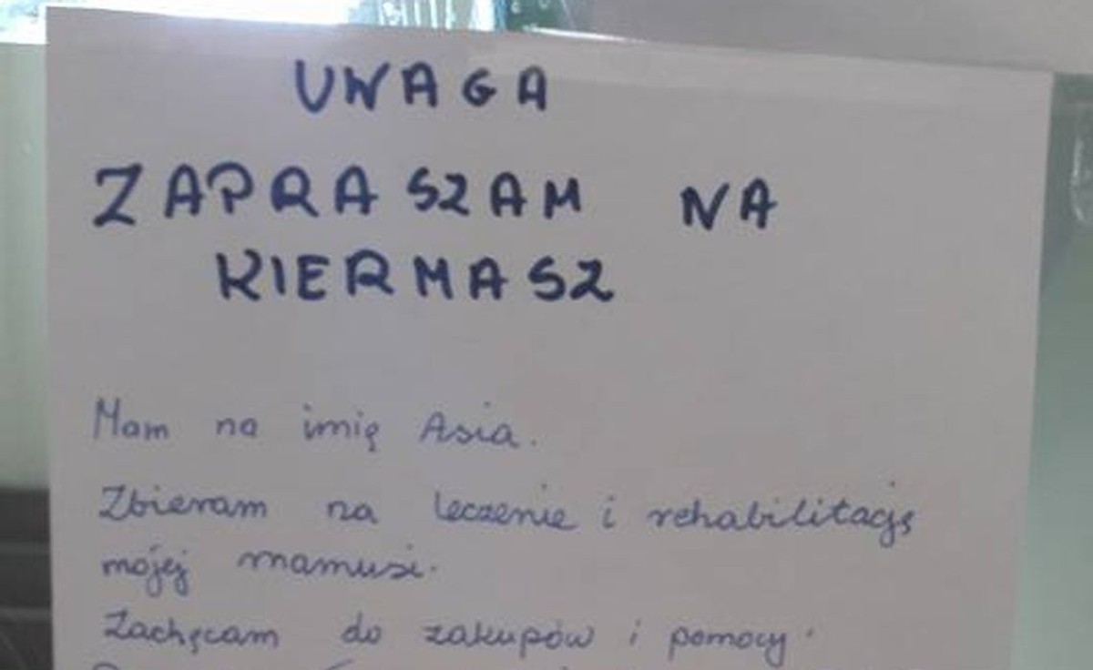 Ogłoszenie rozwieszone w Poznaniu na os. Batorego przez 9-letnią Asię