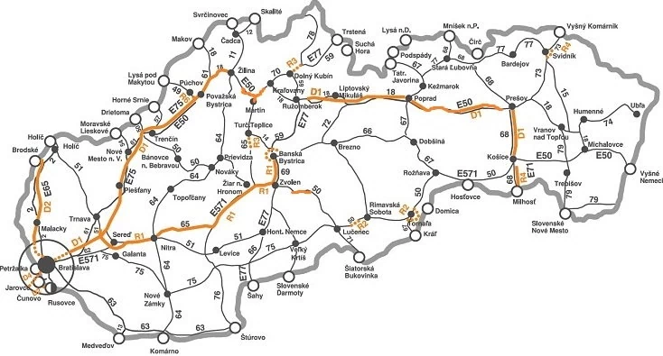 Słowacja, mapa płatnych odcinków dróg do 3,5 tony (2015)