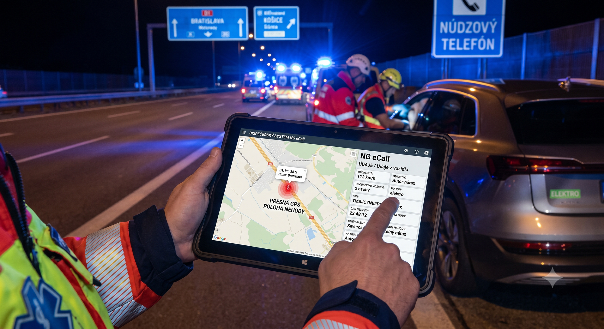 Záchranári pri nočnej dopravnej nehode na slovenскej diaľnici – na tablete dispečera vidno mapu s presnou GPS polohou nehody a údajmi z NG eCall systému: rýchlosť 112 km/h, 2 osoby, elektro.