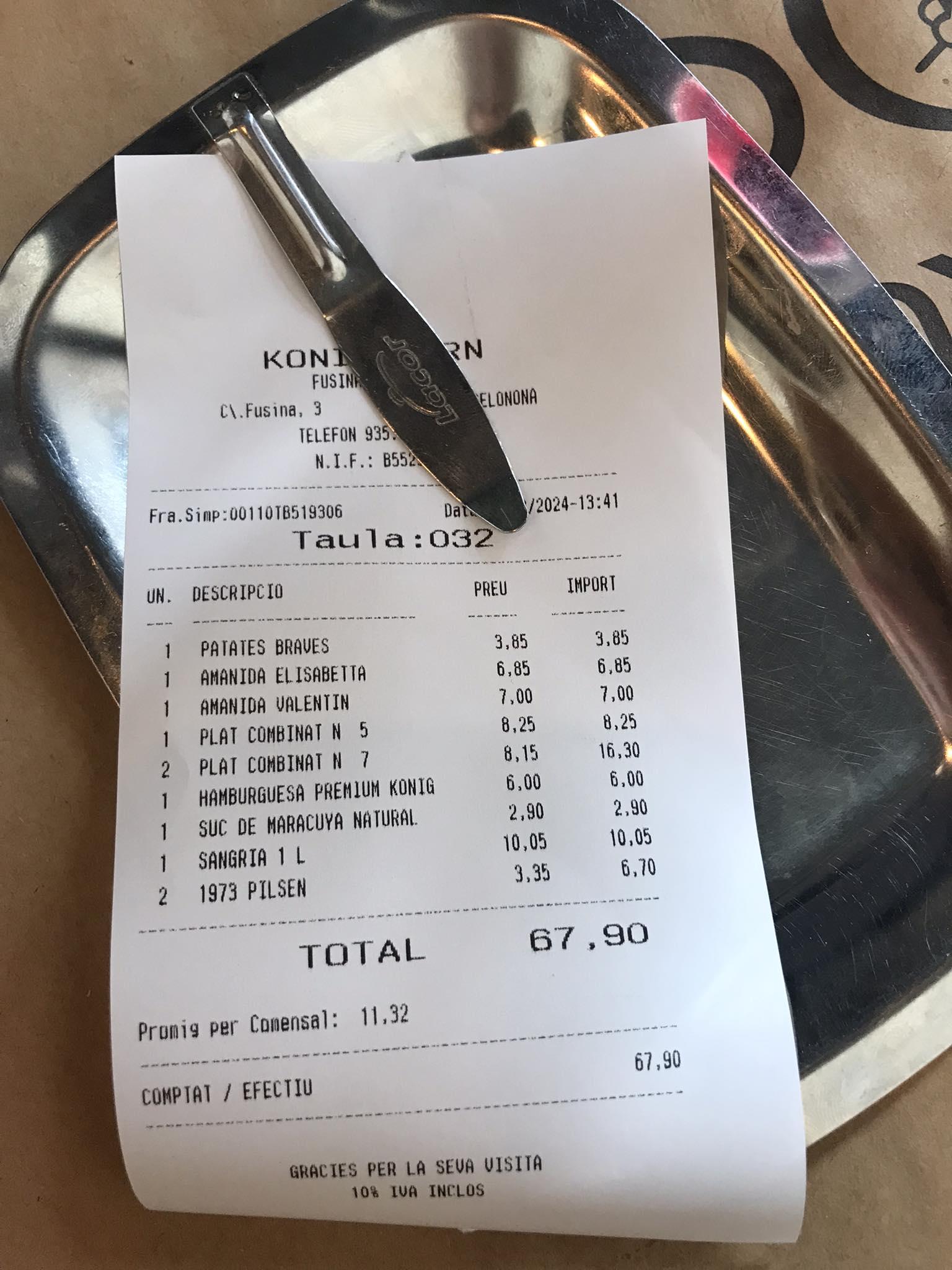 Čitateľka poslala účtenku z obeda v Barcelone.