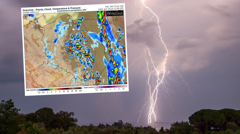 Niedziela w wielu regionach zapowiada się burzowo (mapa: wxcharts.com)