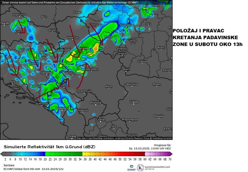Kretanje padavina u subotu oko 13 sati