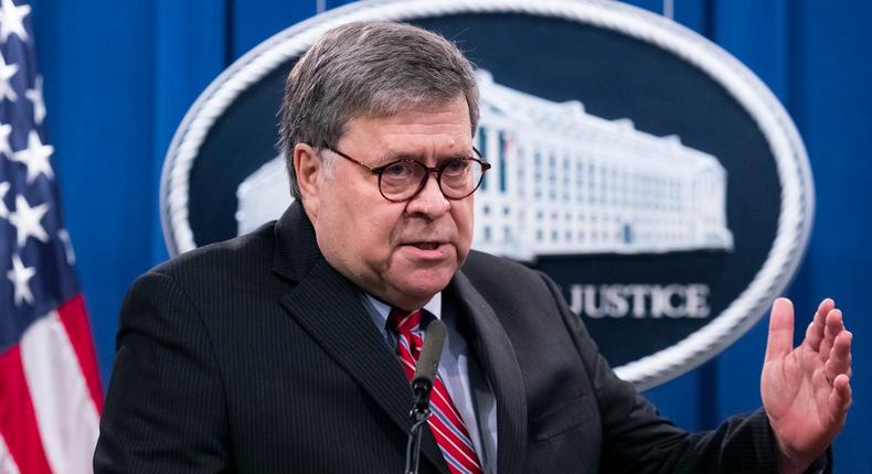 Then-Attorney General William Barr speaks during a news conference on Dec. 21, 2020, at the Justice Department.