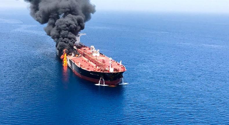 An oil tanker is seen after it was attacked at the Gulf of Oman, in waters between Gulf Arab states and Iran, June 13, 2019. ISNA/Handout via REUTERS