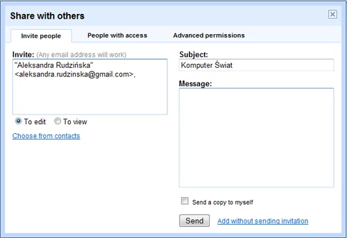 Dodawanie osób, którym chcemy udostępnić nasze dokumenty jest bezproblemowe, wysyłamy bezpośrednio z programu e-maila z zaproszeniem