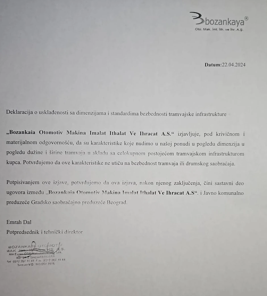 Deklaracija o usklađenosti sa dimenzijama i standardima bezbednosti trmavaja