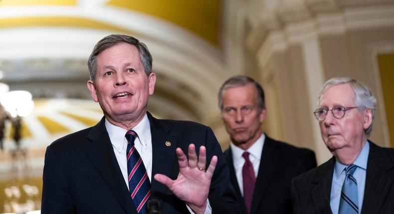 Republican Sen. Steve Daines of Montana, the chairman of the National Republican Senatorial Committee, speaking at a press conference on Capitol Hill in February 2021.Sarah Silbiger for The Washington Post via Getty Images