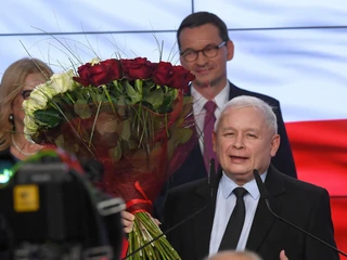  Prezes PiS Jarosław Kaczyński i premier Mateusz Morawiecki po ogłoszeniu wyników exit poll