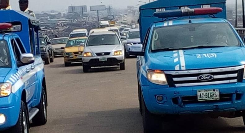 FRSC supervising opening of the Kara Bridge on Lagos-Ibadan Expressway to traffic on Sunday in Lagos (NAN)