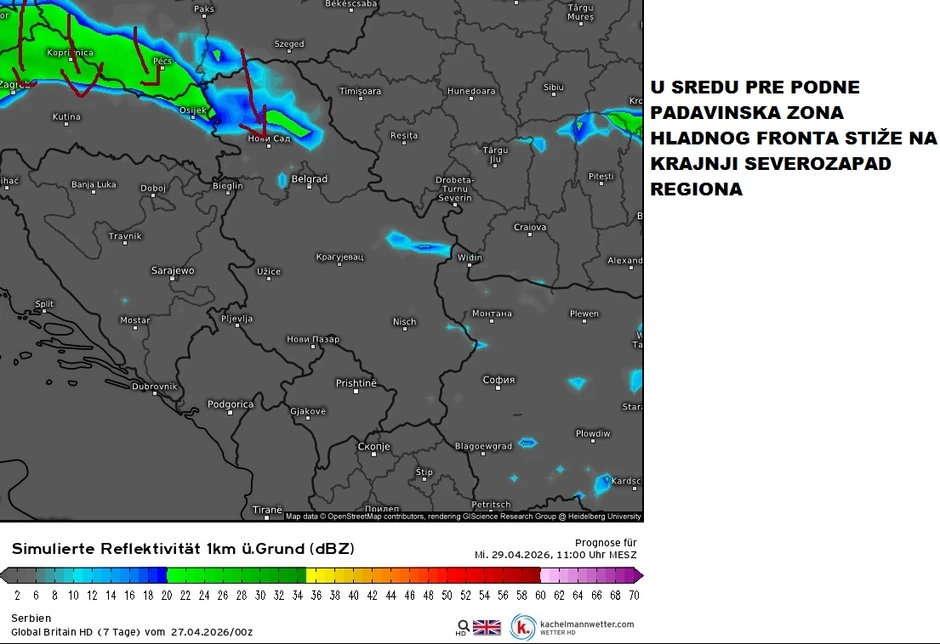 U sredu pre podne padavine stižu sa severeozapada i ulaze u Srbiju