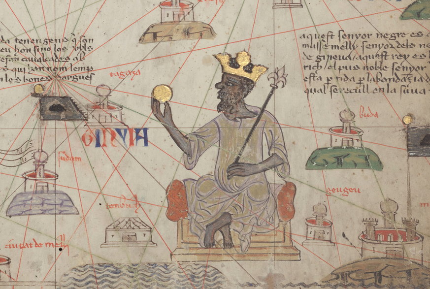 Trzymający złotą monetę cesarz Mansa Musa siedzący na tronie 
