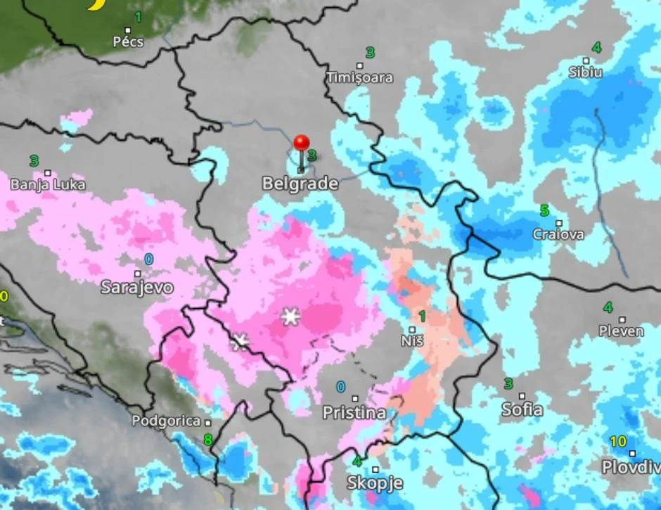 Kretanje padavina u Srbiji u ponoć