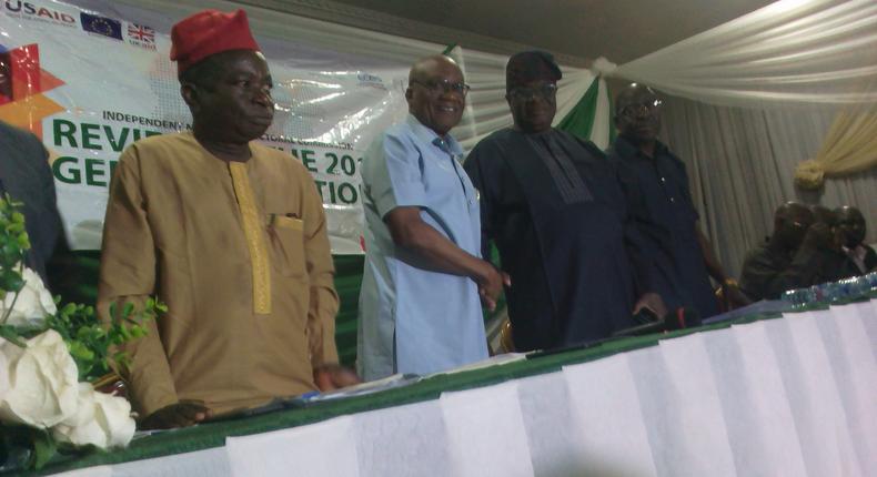 From Right: Prince Adelani Asade, the INEC Administrative LouSecretary, Prince Adedeji Soyemi, the INEC National Commissioner in Charge of Southwest and Chairman, Board of the Electoral Institute, Mr Sam Olumekun, Resident Electoral Commissioner, INEC, Lagos State and Mr Ezekiel Oyewale, Head of Department, Elections and Party Monitoring, INEC, Lagos at the 2019 State Level Post Election Review on Wednesday in Lagos. (NAN)